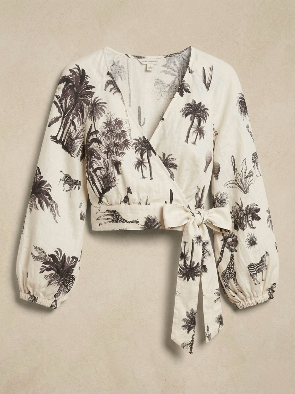 Banana Republic Wayfinder Linen Wrap Top Ecru Landscape Safari Print Medium